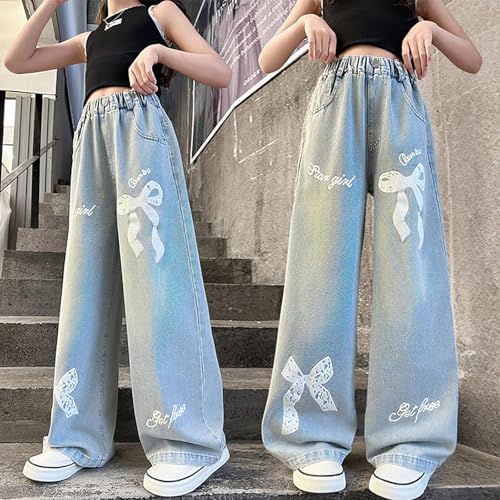 Bows Jeans for Girls Baggy Wide Leg Denim Pants Kids Cute Elastic Straight Trousers Trendy Y2k Streetwear with Pockets2