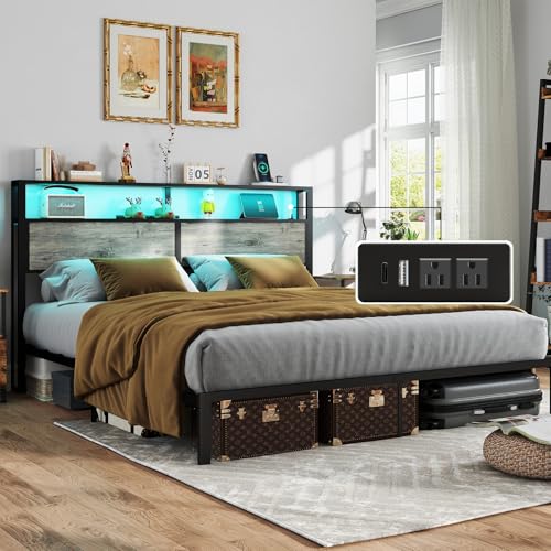 Image of King Size Bed Frame with Headboard, Metal Platform Bed Frame with LED Lights & Charging Station, Under Bed Storage, Solid and Stable, No Box Spring Needed, Noise Free, Easy Assembly, Rustic Grey