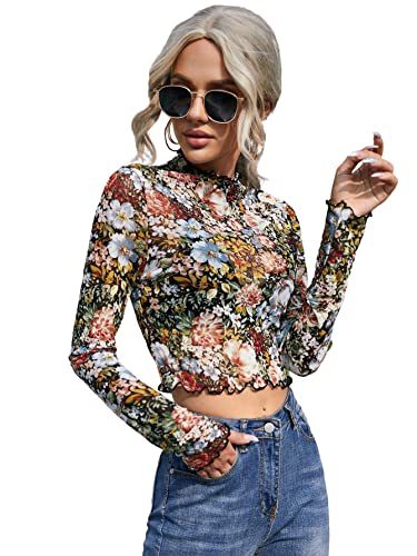 Floerns Women's Long Sleeve See Though Sheer Mesh Crop Tee Tops