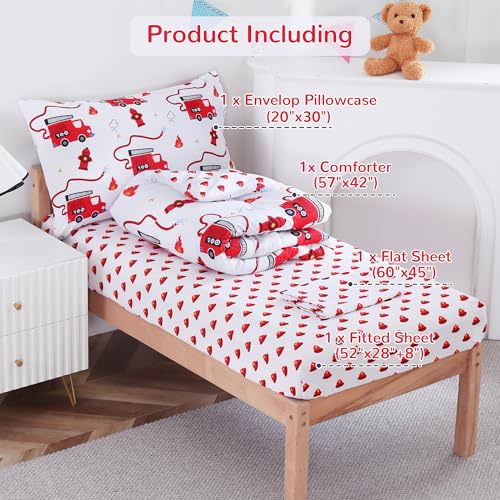 Image of Viviland Toddler Comforter Sets, 4 Pieces Bedding Sets, Fire Engine | Microfiber Truck Bed Set, Boys, Breathable & Soft, Comforter, Bed Sheet, Fitted Sheet and Pillowcase, Machine Washable