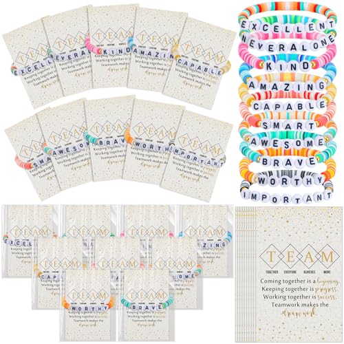 20 Set Inspirational Friendship Bracelet Bulk Motivational Clay Beaded Bracelets with Team Quotes Card for Staff Employees Coworker Nurse Assistant