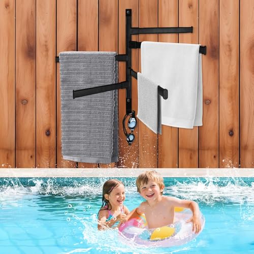 Feoang Rotating Pool Towel Rack 5 Bars Swivel Outdoor Towel Rack with Hook Space Saving Wall Mounted Metal Towel Holder Swing Out Ideal for Pool Hot Tub Shower Balcony