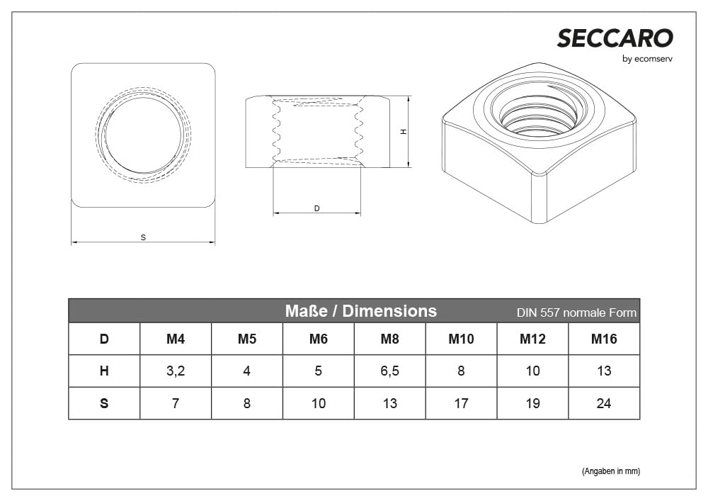 SECCARO dado quadro M5, acciaio inox V2A VA A2, DIN 557, forma normale, 20 pezzi