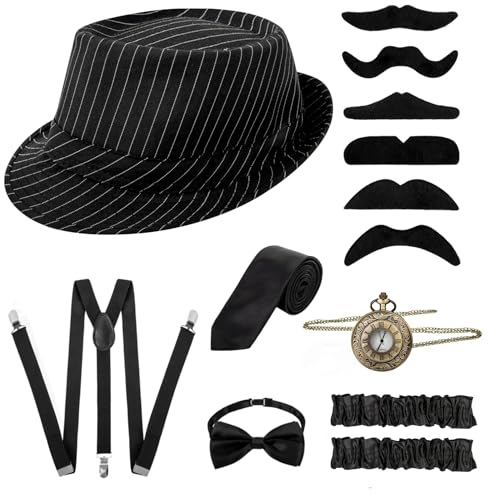 Fasker 1920s Mens Costume Set Retro Roaring Costumes Suspenders Vintage Hat Bow Tie Accessories Halloween Gifts,Striped Style, Large