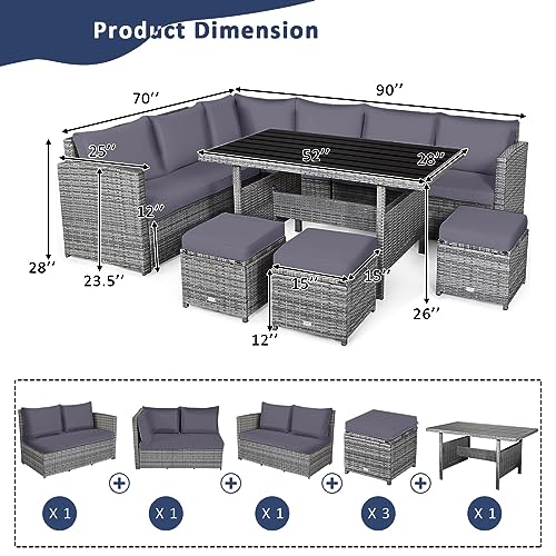 Tangkula 7 Pieces Patio Furniture Set, Outdoor Sectional Rattan Sofa Set with Cushions, All Weather Wicker Conversation Couch Set w/Dining Table & Ottomans for Backyard Garden Poolside - Image 3