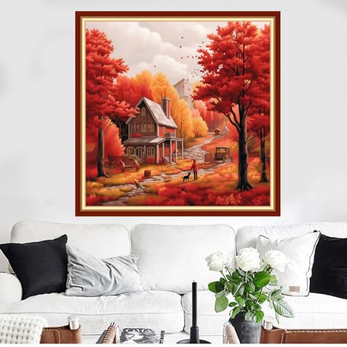 Image of Funxvoot Stamped Cross Stitch Kits Beginners Full Range of Embroidery Kits for Adults 11CT Embroidery Patterns Needlepoint Kits Printed Cross Stitch Kits - (Deep Autumn Scenery 18x18 inchs)