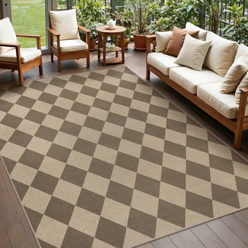 Image of Rugalia Easy Jute 5x7 Outdoor Patio Rug, Washable Brown Checkered Rugs for Living Room, Non-Slip Farmhouse Diamond Outdoor Mat Neutral Abstract Floor Carpet for Patio Dining Room Backyard