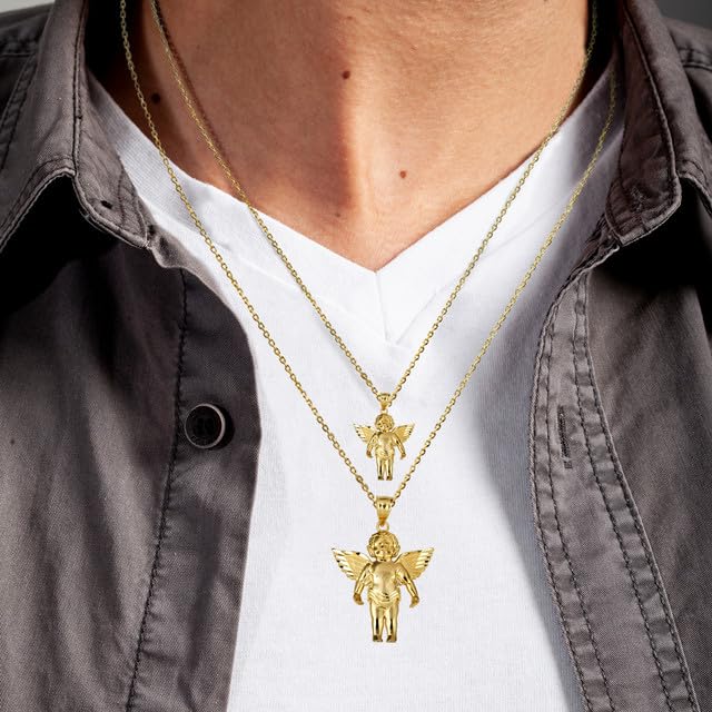 Collana con ciondolo grande a forma di ali di angelo e cherubino custode, in vero oro massiccio 14 kt