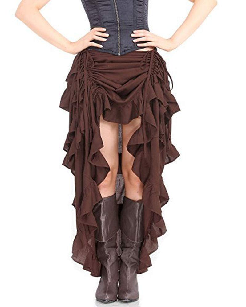 Keepmore Women's Brown Steampunk Gothic Victorian Skirt For ,Drawstring Asymmetry Ruffle Pirate Skirt Cosplay Stage Clothing