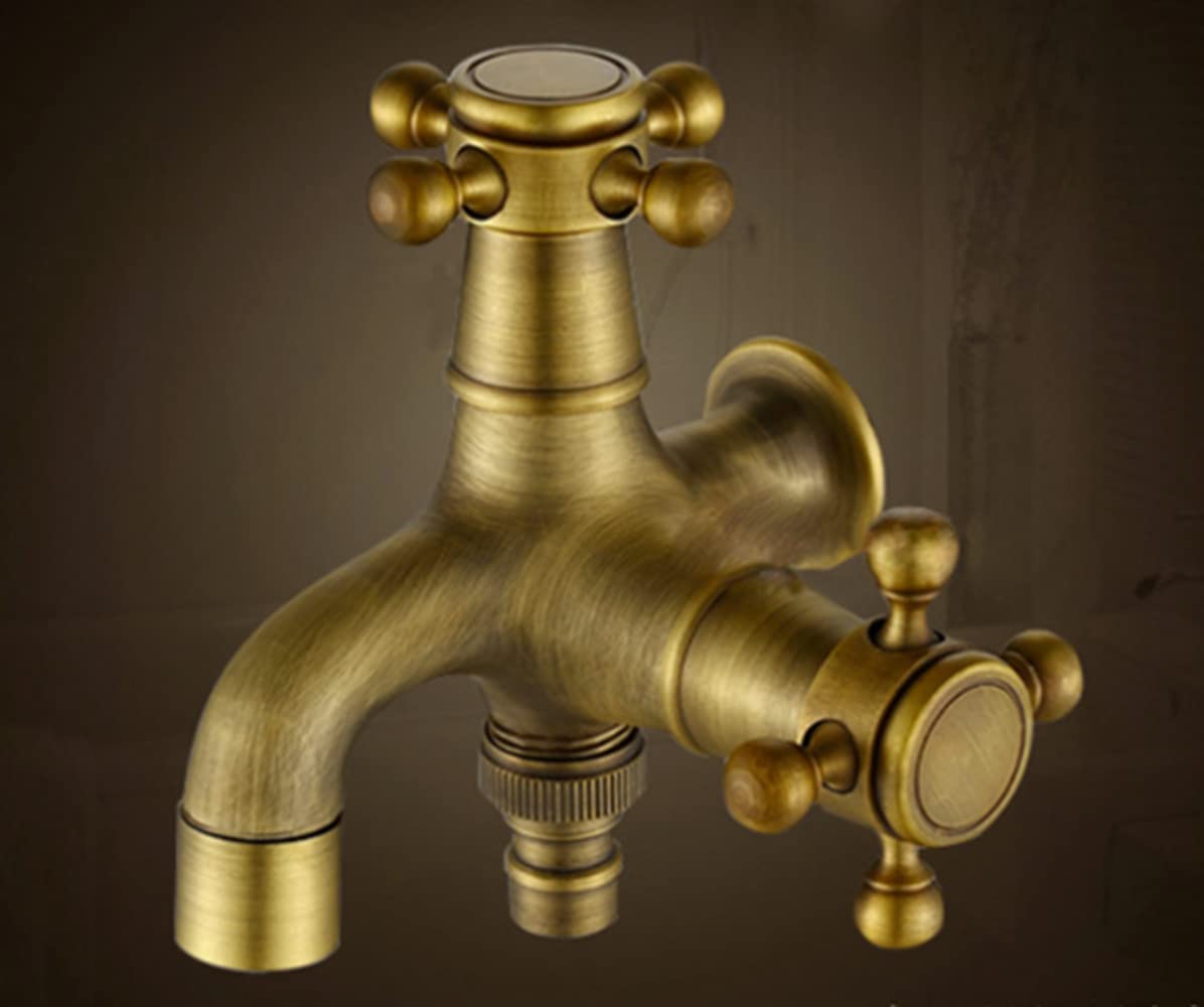 Grifo de Latón Antiguo 1/2 Pulgadas Montaje en Pared para Cocina Lavabo Jardin Decorativo (double salida 1)