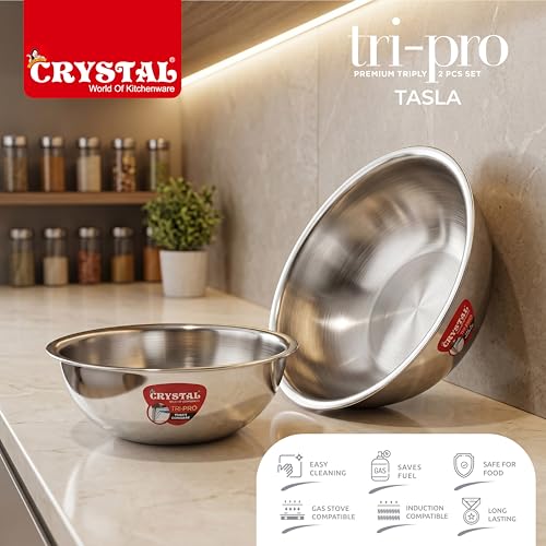 Image of Crystal Tripro Triply Stainless Steel 2 Pcs Tasla Set | 20cm and 22cm Tasla Set | Less Oil Use for Health Cooking, Even Heat Distribution | Induction Bottom
