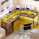 DWVO L Shaped Desk with Drawer & 3 Cubbies Storage Shelves, 67' Corner Computer Desk with Power Outlets & LED Lights, L-Shaped Office Desks with Monitor Stand, Rustic Brown
