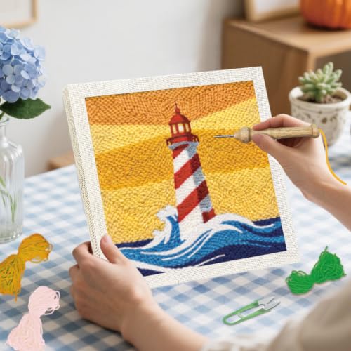 Image of BEUNITONE 2Set Punch Needle Kit with Frame for Adults Beginners, Lighthouse Needlepoint Crafts Kit for Adults, Complete Embroidery Starter Kits with Pre-Print Pattern for Gift Home Decor 9.4 inchx9.4 inch