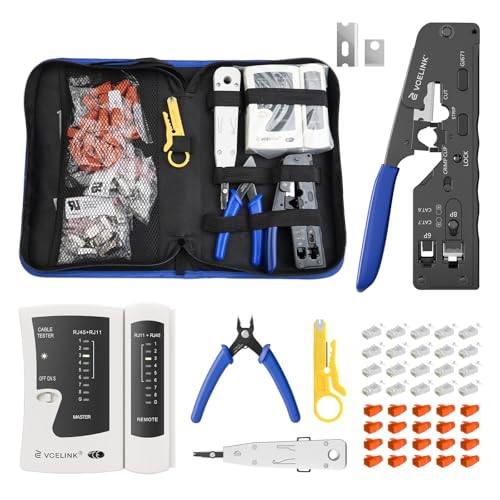 VCELINK Netzwerk Werkzeug Set RJ45 Crimpzange mit 20 x RJ45 Stecker Cat7/Cat6a Pass Through Netzwerktester LSA Auflegewerkzeug Abisolierzange Profi RJ45/RJ11/RJ12 Reparaturwerkzeuge Stofftasche