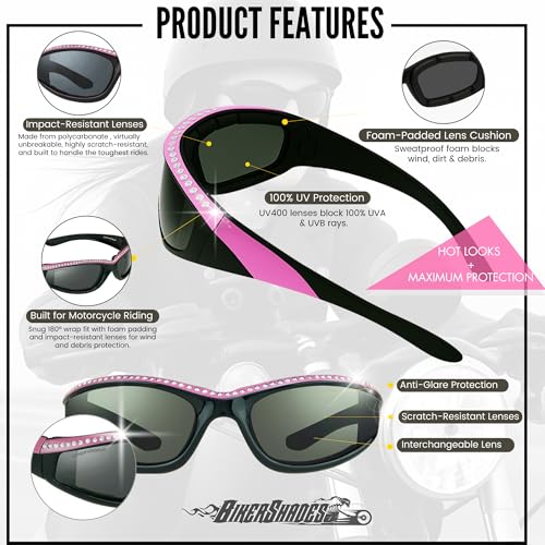 Bikershades Rhinestone Motorcycle Safety Sunglass Women Bling Foam Padded Day Smoke Night Yellow Clear Wrap Blocks Wind Dust3