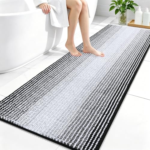 Image of OLANLY Bathroom Runner Rugs 59x24, Extra Soft Absorbent Chenille Striped Bath Rugs, Rubber Backing, Machine Wash Dry, Long Bath Mats for Bathroom, Tub, Shower, Home Decor Accessories, Black
