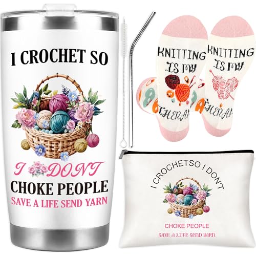 Crochet Gifts for Crocheters, Funny Knitting Gift, Includes 20 oz Tumbler, Makeup Bag &...