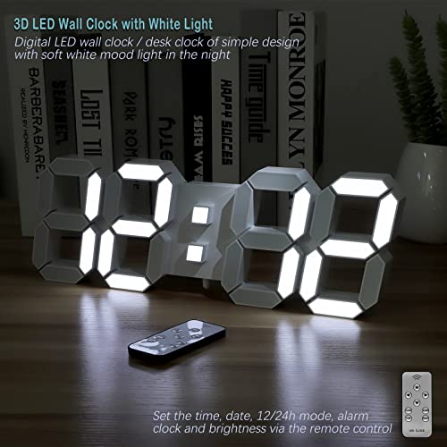 Kosumosu Digital Wall Clock 15" 3D Led Wall Clock Light Alarm Clock For Bedroom Living Room Decor,Modern Aesthetic Large Clock With Remote Control (White Light) #TOP4
