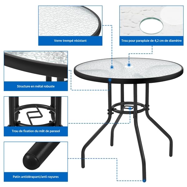 Yaheetech Ensemble de Bistrot Lot de 2 Chaises de Jardin Pliantes et Table de Jardin Ronde en Verre avec Trou pour Parasol et Plateau en Verre Salon de Jardin