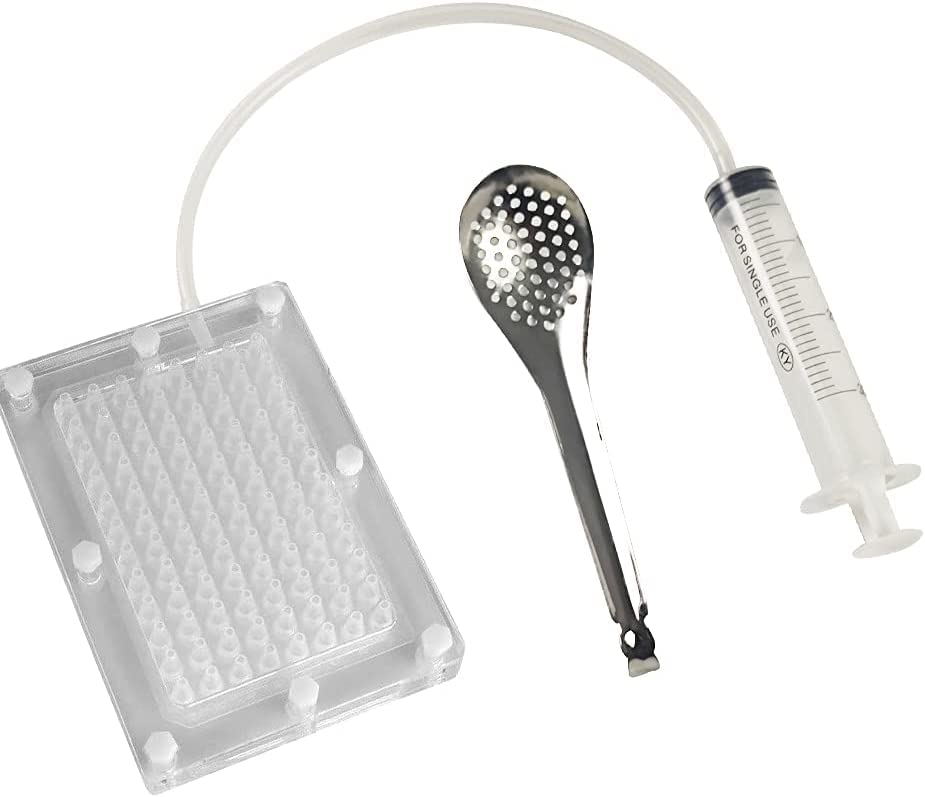 THE WHITE SHOP Spherical Caviar Dispenser, Caviar Maker Box, Molecular Gastronomy Kit | 100 Holes Roe Sauce Dispenser with Infuser & Strainer Spoon