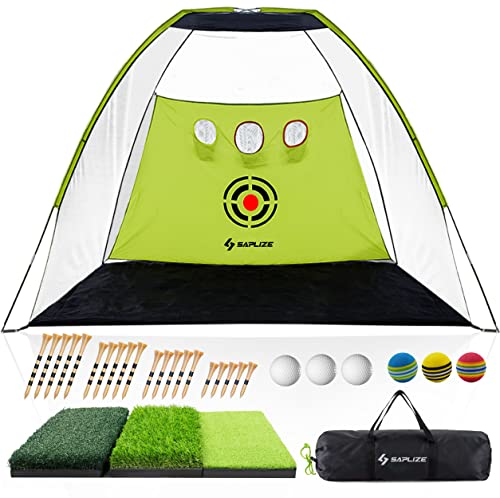 SAPLIZE Golf Hitting Net with Foldable Hitting Mat, Golf Balls and Bamboo Golf Tees Included, 10x7ft High Impact Golf Practice Net, Portable Golf Training Net, Driving Net for Outdoor/Indoor/Backyard