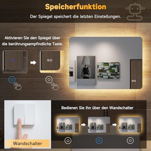 SONNI LED Badspiegel 50x70 cm mit Touch, 3 Lichtfarben, Anti-Beschlag – Ansicht 5