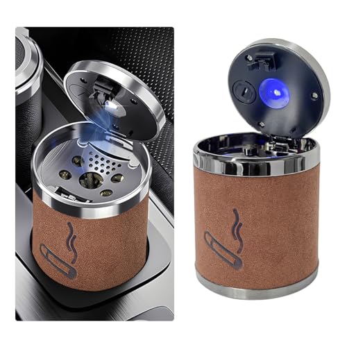 Image of Wevdn Car Ashtray with Lid, Detachable & Portable Stainless Steel Smokeless Ashtrays for Car, Mini Universal Smell Proof Windproof Car Ashtray with LED Blue Light (Brown-Plush Surface)