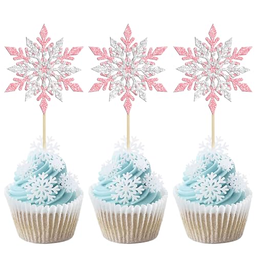 Gyufise 24 Pack Snowflake Cupcake Toppers Double Layers Pink Glitter Winter Frozen Theme Cupcake Picks Baby Shower Kids Birthday Party Christmas Cake Decorations Supplies