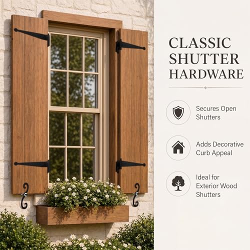Image of 4 Pack (2 Pair) Steel Blind Shutter Hinges Set 11.75 inch Black Wrought Iron Shutter Offset Pintle Strap Hinge with 2 S-Hooks, Heavy-Duty Rust-Resistant Hardware Kit