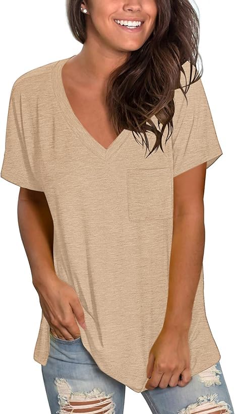 MOLERANI Summer Tops for Women Short Sleeve V Neck Shirts Loose Fit Khaki L
