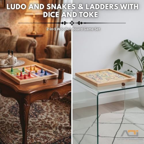 Image of The Art of Games 2-in-1 Ludo & Snakes & Ladders in White Color Wooden Board Game | Handcrafted Sheesham Wood | Classic Indoor Family Fun for Kids & Adults | Includes Pawns & Dice 10.5 Inches