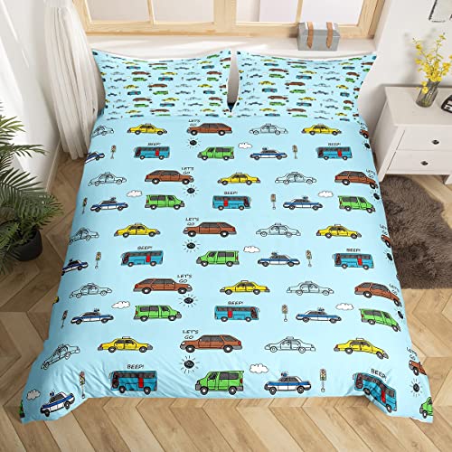 Ensembles de Voitures de Housse de Couette Voiture de Course Mignonne Parure de Lit 220x240cm Voiture de Police de Dessin animé Taxi Van Bus Housse de Couette Véhicules colorés Décor de Chambre