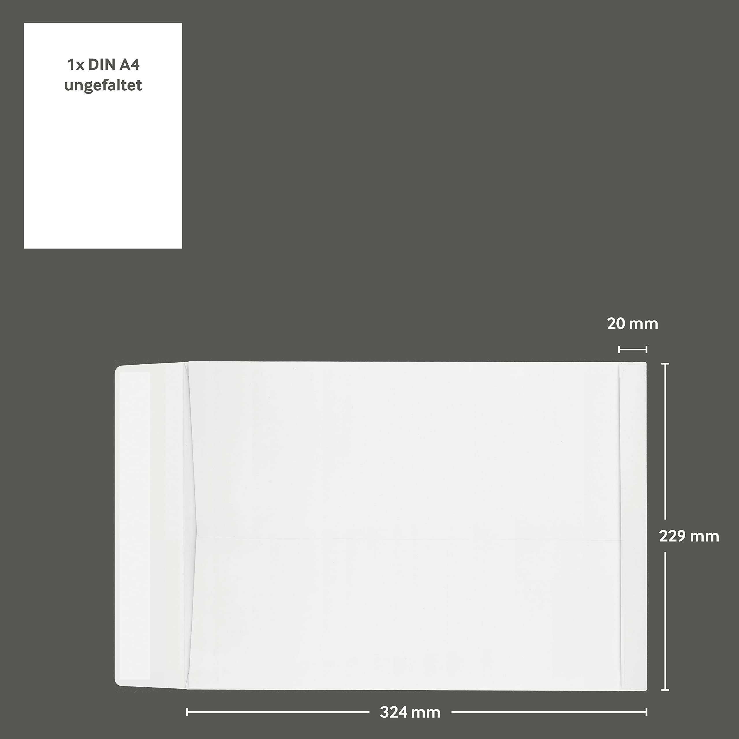 Faltentaschen | Premium | 229 x 324 x 20 mm (DIN C4) mit Fenster | Weiß (250 Stück) mit Abziehstreifen | Briefhüllen, Kuverts, Couverts, Umschläge mit 2 Jahren Zufriedenheitsgarantie