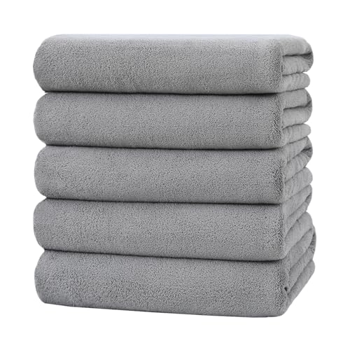 バスタオル マイクロファイバー 大判 5枚セット 60×120cm タオル ふわふわ 肌触り 瞬間吸水 速乾 通気 耐久性 抗菌 防臭 人気 家庭用 業務用 (グレー)