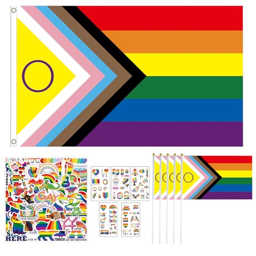 Progress Pride Flag + 5 Handheld Progress Pride Flagge + 50 PRide Sticker + 5 Tattoo-Aufkleber, Regenbogen Flagge, LGBTQ PRide FLagge Set, Regenbogen PRide Flag, LGBTQ FLag