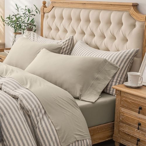 PURE ERA Jersey Knit 4pc Bed Sheet Set 100% T-Shirt Heather Cotton Super Soft Comfy Breathable Fits Mattress Up to 20" Extra Deep Pocket (Dark Beige,Queen)