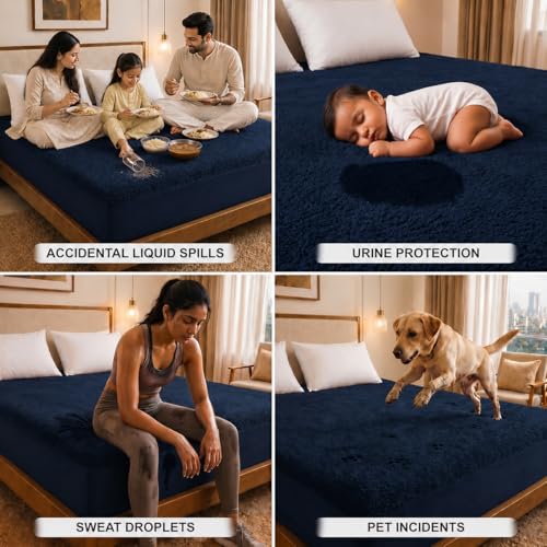 Image of Cotton Feel Terry 72x72 inch Ultra Soft Waterproof Mattress Protector Double Bed Size | Breathable Hypoallergenic Mattresses Cover for Double Bed Size (Dark Blue)