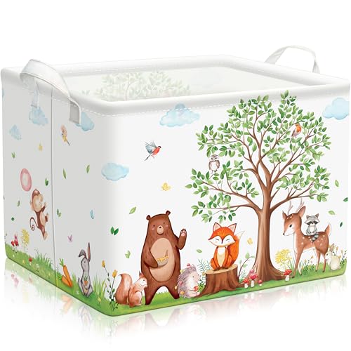 Image of TREWAVE Baby Storage Basket Woodland Animals Gift Basket with Handles Rectangular Collapsible Clothes Towel Toys Bin Bookshelf Organizer for Baby Shower Room Nursery Decor