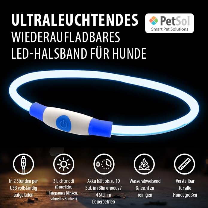 PetSol LED-Hundehalsband in Blau – wiederaufladbares USB-Sicherheitshalsband mit blinkendem Licht für Hunde, Katzen und Welpen – Größe S, M und L – modisches, im Dunkeln leuchtendes Design