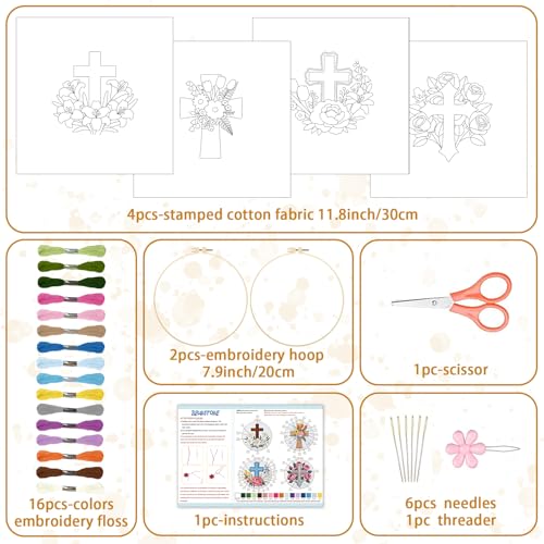 Image of BEUNITONE 4Set Cross and Flowers Pattern Embroidery Kit for Adult Beginners | DIY Cross Stitch Kits, Complete Needlepoint Kits for Adults, Handmade Embroidery for Gifts, Fabric and Home Decor 20x20cm