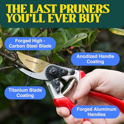 Image of Haus & Garten EnduroPRO Ergonomic Bypass Pruners - Professional Titanium Garden Shears - Heavy Duty Hand Pruning Scissor, Tree Trimmer, Gardening Tool, Branch, Hedge, Rose, Shrub & Bush Clippers