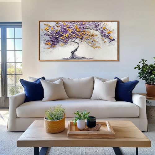 crmotu Tree of Life Framed Wall Art Large Artwork, Purple Gold Tree Abstract Art Prints, Nature Plant Aesthetic Canvas Art Wall Decor Living Room Bedroom, Zen Spiritual Home Decor Paintings 24x48inch