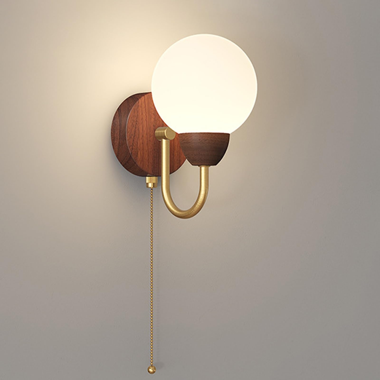 KBUUKYYXouy Acrylic Globe Wall Sconce, Wood Grain Wall Lamp, 3 Color Temperature Wall Light, Pull Chain Bedside Light, Mid-Century Vanity Light Fixture for Bedroom Bathroom Living Room