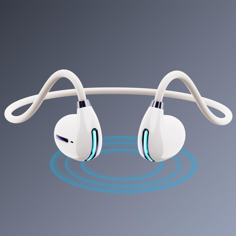 IHAO Open Ear Air Conduction Headset Wireless Bluetooth Sport Headphones with Mic Earphone Lightweight Painless Wearing Sweatproof Earpiece Stereo Earphone for Running Hiking Bicycling-White