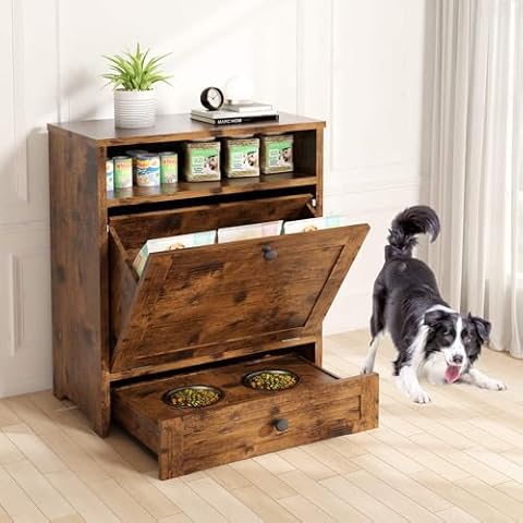 Dog Feeding Station,Dog Food Storage Cabinet, Large Pet Food Organizer Furniture,Dog Food Storage And Feeding Station With Pull-Out Elevated 2 Sus304 Dog Bowl For Feeding & Watering Supplies, Brown Cover