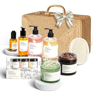 COBA’S DAUGHTER Rattan Gift Basket – 11-Piece Spa Inspired Bath, Body & Hair Kit for Women, Includes Coffee Scrub, Aloe Soothing Gel, Hair Serum, and Travel Minis (11 Pieces)