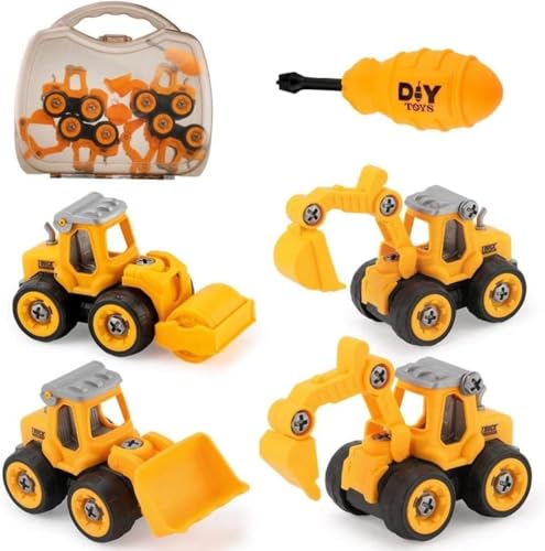 Conutoo車おもちゃ 組み立ておもちゃ 工事カー 建設車両 4台セット DIY知育玩具 ショベルカー 工事ごっこ遊び 砂場遊び ミニカー 玩具 大工車 子供 男の子 女の子 プレゼント (黄色的)