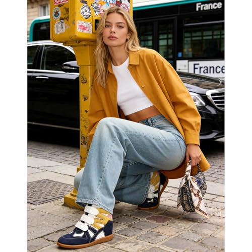 Image of Dsevht Hidden Wedge Sneakers for Women High Top Fashion Sneaker Suede High Heel Platform Tennis Triple Strappy Band Casual Vintage Dressy Comfy Campus Trendy Retro Sneaker