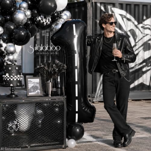 Image of Race Car 40 Inch Black 1 Big Balloon Large Number 0-9 | Track Giant Digital 1st Foil Mylar Party Balloons for Men Birthday Car Theme Party Anniversary Graduation Decorations
