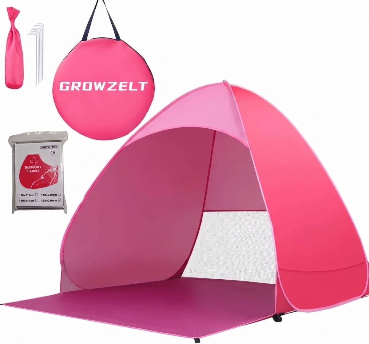 XXL Strandmuschel Pop Up, 200cm x 165cm x 130cm, Outdoor strandzelt für 3-5 Personen, UPF 50+ uv Schutz (pink)